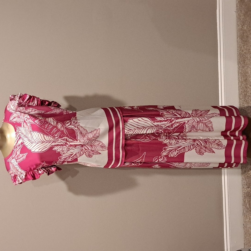 Ador Pink & White Tropical Print Two Piece Top and Pants Set